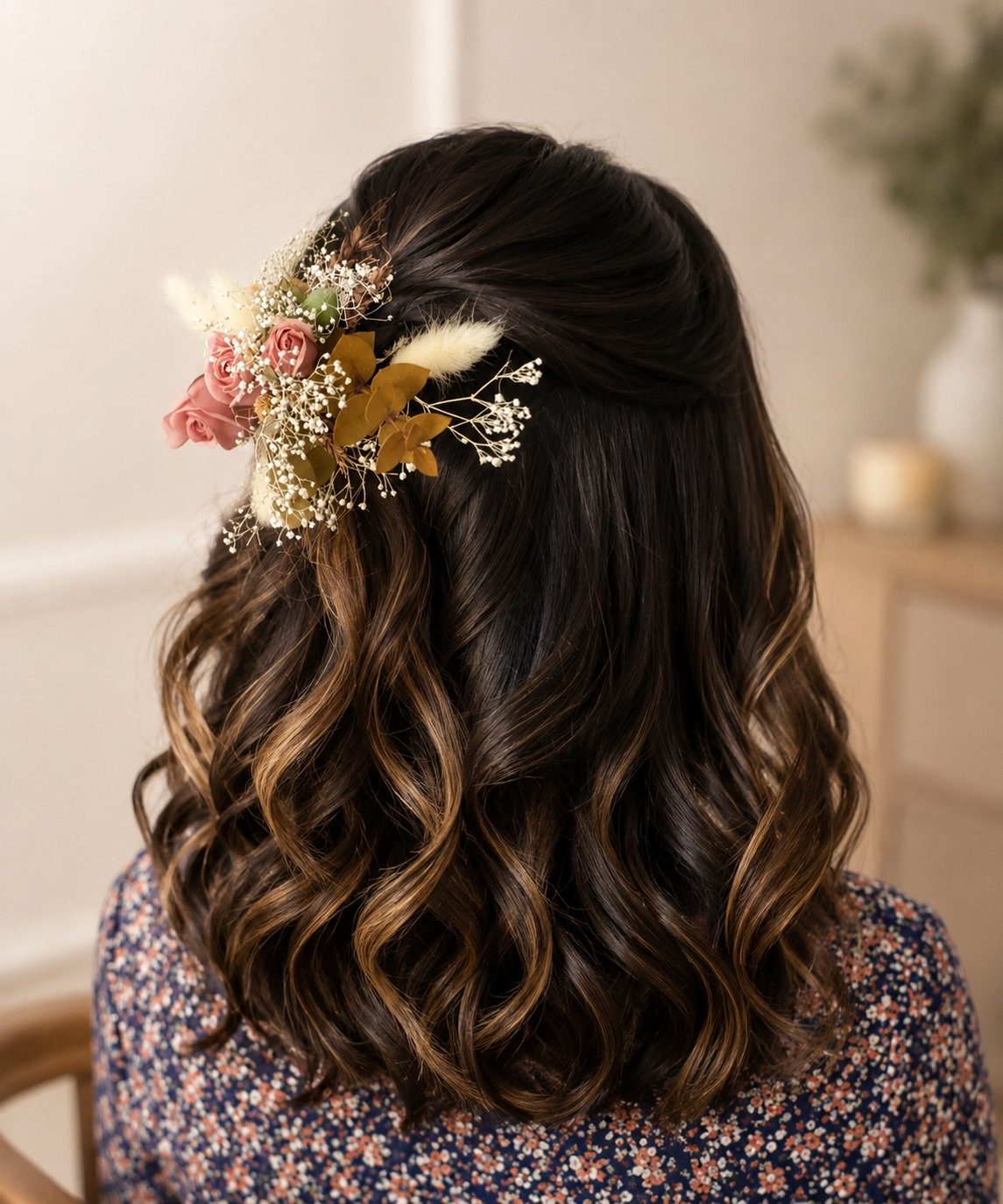 Half-up bridal updo with dried floral hairpiece