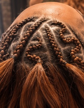 Close-up detail of cornrow braid styling