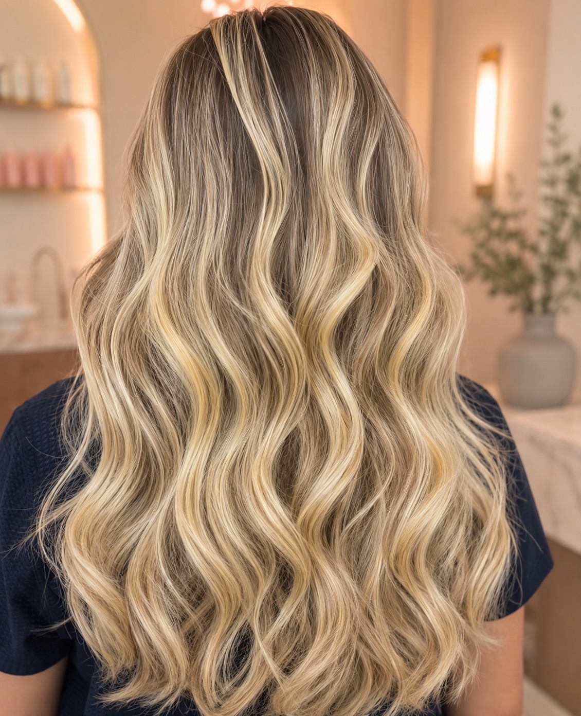 Dimensional blonde with a soft blended root melt
